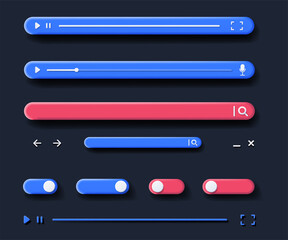 Aufkleber - 3D interface elements application. Collection of caps for player, watching videos or listening to music. Multimedia and interesting content. Cartoon vector illustrations isolated on black background