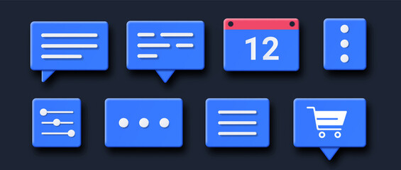 Poster - 3D interface elements. Collection of icons for reminders and notifications. Social networks and stickers. Internet communication set. Cartoon vector illustrations isolated on black background