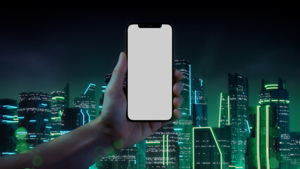 Cyberpunk Phone Mockup, with Green and Blue neon City Skyline Background.