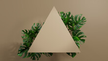 Triangle Botanical Frame With Monstera Plant Border. Beige, Natural Design With Copy Space.