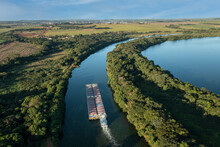 Grain Transport Barge Going Up The Tiete River - Tiete-parana Waterway