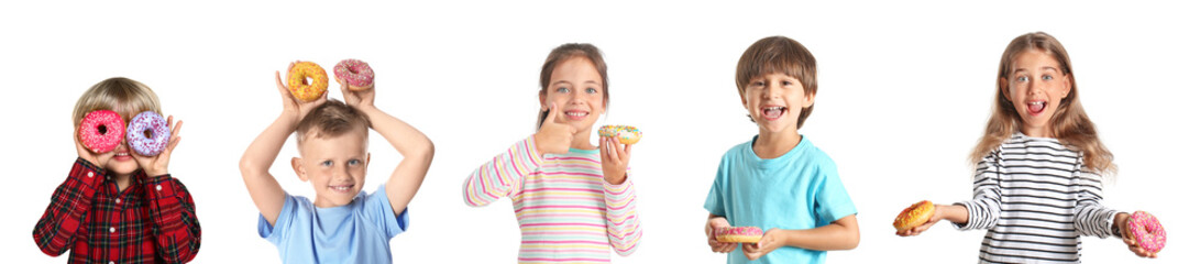 set of cute little children with sweet donuts isolated on white