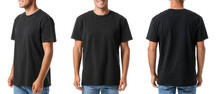 Set Of Young Man In Black T-shirt On White Background. Mockup For Design