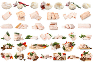 Wall Mural - Set of fresh pork fat and lard on white background