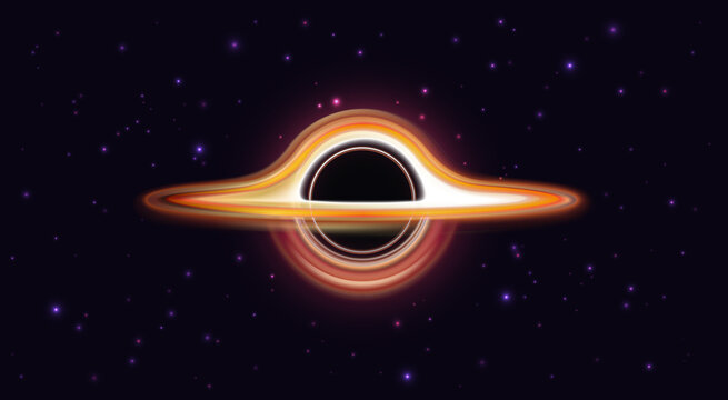Black hole with singularity in dark space with stars vector illustration. Abstract cosmic explosion in galaxy with vortex circle light effect, magic shine of swirl galactic wormhole background