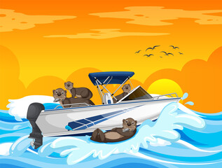 Wall Mural - Ocean scene with group of beavers on speedboat