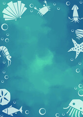 fish, starfish, sand dollar, squid, jellyfish, crab, shrimp and sea shell frame vector for decoration on ocean and seafood concept.