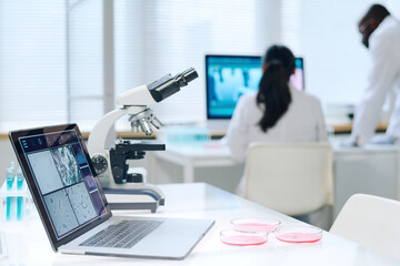 Aufkleber - Laptop with scientific image of magnified virus cells or bacteria on screen standing on workplace of scientist against two lab workers