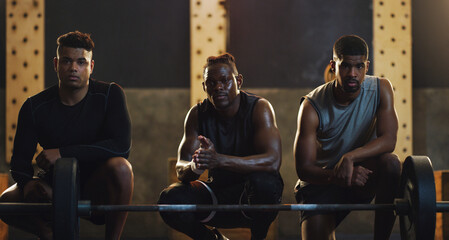 Poster - Wanna join our beast squad. Portrait of a group of muscular young men exercising together in a gym.
