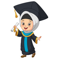 Wall Mural - Cartoon little girl in graduation costume holding a diploma