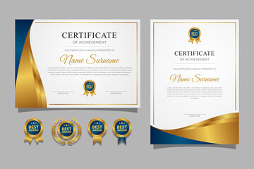 Luxury gold and blue certificate with gold badge and border template