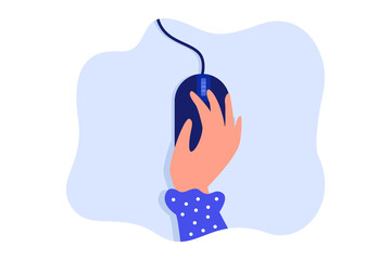 Poster - Hand of woman holding computer mouse. Person clicking button with finger, using PC equipment, top view flat vector illustration. Technology concept for banner, website design or landing web page