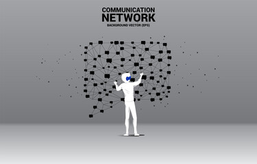 Poster - Silhouette businessman wear VR glasses with talk bubble icon with dot and line connections. Concept of digital virtual reality technology and AR .
