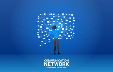 Poster - Silhouette businessman wear VR glasses with talk bubble icon with dot and line connections. Concept of digital virtual reality technology and AR .