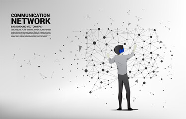 Poster - Silhouette businessman wear VR glasses with talk bubble icon with dot and line connections. Concept of digital virtual reality technology and AR .