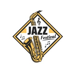 Canvas Print - Jazz festival icon with saxophone, music notes and treble clef. Sax, vector brass musical instrument and notation symbols isolated badge of jazz fest concert, live music party, blues show or event