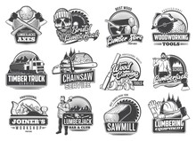 Lumberjack And Lumbering Industry Retro Icons. Skull In Hat, Umber Jack Bar And Club Emblem With Axes And Woodwork Tools, Chainsaw And Forestry Sawmill Service With Timber Logs And Saw