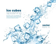 Blue Water Wave Cascade Splashes And Crystal Ice Cubes. Vector 3d Realistic Liquid Wave, Transparent Falling Iced Blocks And Melting Droplets. Fresh Drink And Frozen Ice Pieces With Splatters