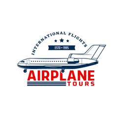 Flight tours icon, air travel on plane and airline business trips, vector emblem. Avia tourism by airplane or aircraft, holiday air travel and airport flights tickets booking service sign