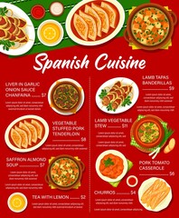 Sticker - Spanish cuisine menu, restaurant lunch dishes and dinner meals, vector. Spanish bar traditional food menu of tapas from lamb banderillas, churros pastry, lamb vegetable stew ans pork tomato casserole