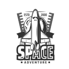 Wall Mural - space shuttle icon, rocket on start and moon with craters vector emblem. spaceship leave earth to ex