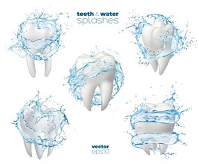 Mouth rinse, mouthwash, clean teeth with cool water splash, dental hygiene and care. Isolated vector white healthy tooth with round liquid wave or swirl with splatters, 3d oral health ads