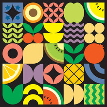 Geometric Summer Fresh Fruit Cut Artwork Poster With Colorful Simple Shapes. Scandinavian Styled Flat Abstract Vector Pattern Design. Minimalist Illustration Of Fruits And Leaves On Black Background.