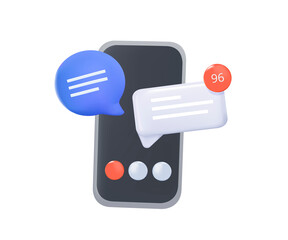 Poster - 3d smartphone with chat bubble talk icons and notification on blue background. group chat icons. vec