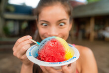 Hawaiian Shave Ice Happy Woman Tourist Making Funny Face Hungry Eating Sweet Frozen Snow Cone Local Dessert Food Of Hawaii