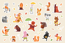 Animals From Autumn Forest, Sticker Pack Set Vector Illustration. Cartoon Wild Flowers, Woodland Leaves And Mushroom, Animals And Birds In Childish Scrapbook Design Collection. Fall Season Concept