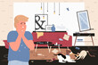 © Flash Vector - Shock, stress and frustration of pet owner looking at mess and chaos in home apartment vector illustration. Cartoon funny crazy dog and cat playing on dirty floor background. Problem, behavior concept