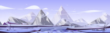 Nordic Landscape With Frozen Lake And Mountains In Winter. Northern Nature Scene Of Valley With Ice On River, Snow And Rocks On Horizon, Vector Cartoon Illustration