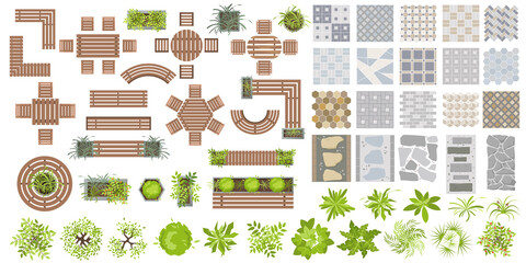 Wall Mural - set of elements for landscape design top view. collection of outdoor furniture, trees and tile path 