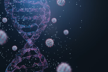 Abstract blue omicron virus background with polygonal DNA and mock up place. SARS-CoV-2 Coronavirus Variant and corona concept. 3D Rendering.