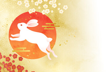 水彩のうさぎと梅と初日の出の2023年年賀状のベクターイラストテンプレート(art,card,celebration,holiday,rabbit,bunny,gold,japan,japanesen,china,Chinese)