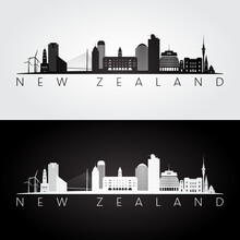 New Zealand Skyline And Landmarks Silhouette, Black And White Design, Vector Illustration.