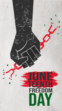 Juneteenth Freedom Day. June 19, 1865. Emancipation Day. Illustration Vector Graphic. Design Concept Black Arm Breaking Chains. Perfect For Background, Banner, Card, Poster With Text Inscription.