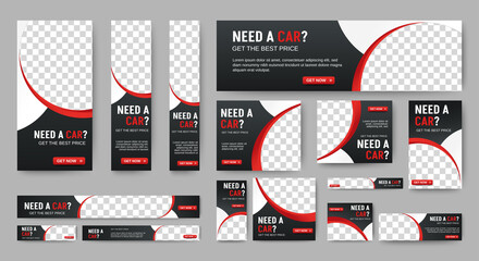 car rental banners design web template set, horizontal header web banner. gradient black and red. co