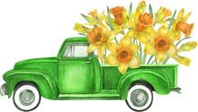 Watercolor Retro Green Truck With Daffodil Flowers