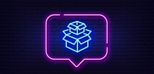 Poster - Neon light speech bubble. Packing boxes line icon. Delivery parcel sign. Cargo box symbol. Neon light background. Packing boxes glow line. Brick wall banner. Vector