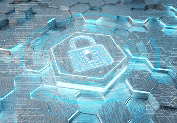 Fototapete - Web security icon concept engraved on metal hexagonal pedestral background. Padlock Logo glowing on abstract digital surface. 3d rendering
