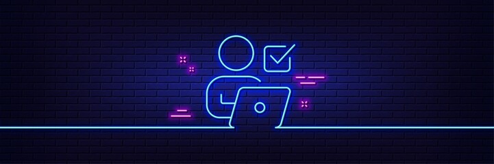 Wall Mural - Neon light glow effect. Online Voting line icon. Internet vote sign. Web election symbol. 3d line neon glow icon. Brick wall banner. Online Voting outline. Vector