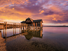 Traditional Boathouse At Lake Ammersee Near Munich, Bavaria, Germany At Sunrise.