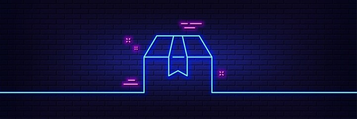 Poster - Neon light glow effect. Package box line icon. Delivery parcel sign. Cargo goods symbol. 3d line neon glow icon. Brick wall banner. Package box outline. Vector