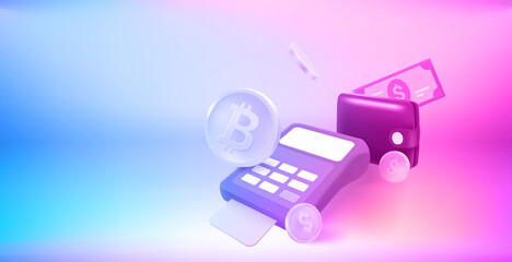 Aufkleber - Calculator witn coins, card and banknote. 3d vector banner with copy space