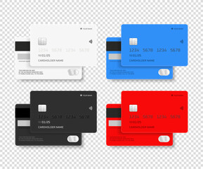 Poster - Different color plastic business cards collection. 3d vector mockup isolated on transparent background