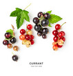Black and red currant berry with leaves creative layout.