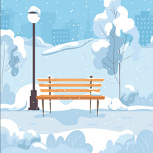 Winter City Park With A Bench. Flat Vector Illustration Of Snowy Landscape