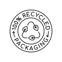 100% recycled packaging symbol. Triangle with leaves in a circle with recycle arrows. Eco friendly industry. Sustainable resources. Recycling materials sign. Line icon. Vector illustration, clip art.