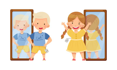 Sticker - Cute boy and girl trying on fashionable clothes in front of mirror cartoon vector illustration